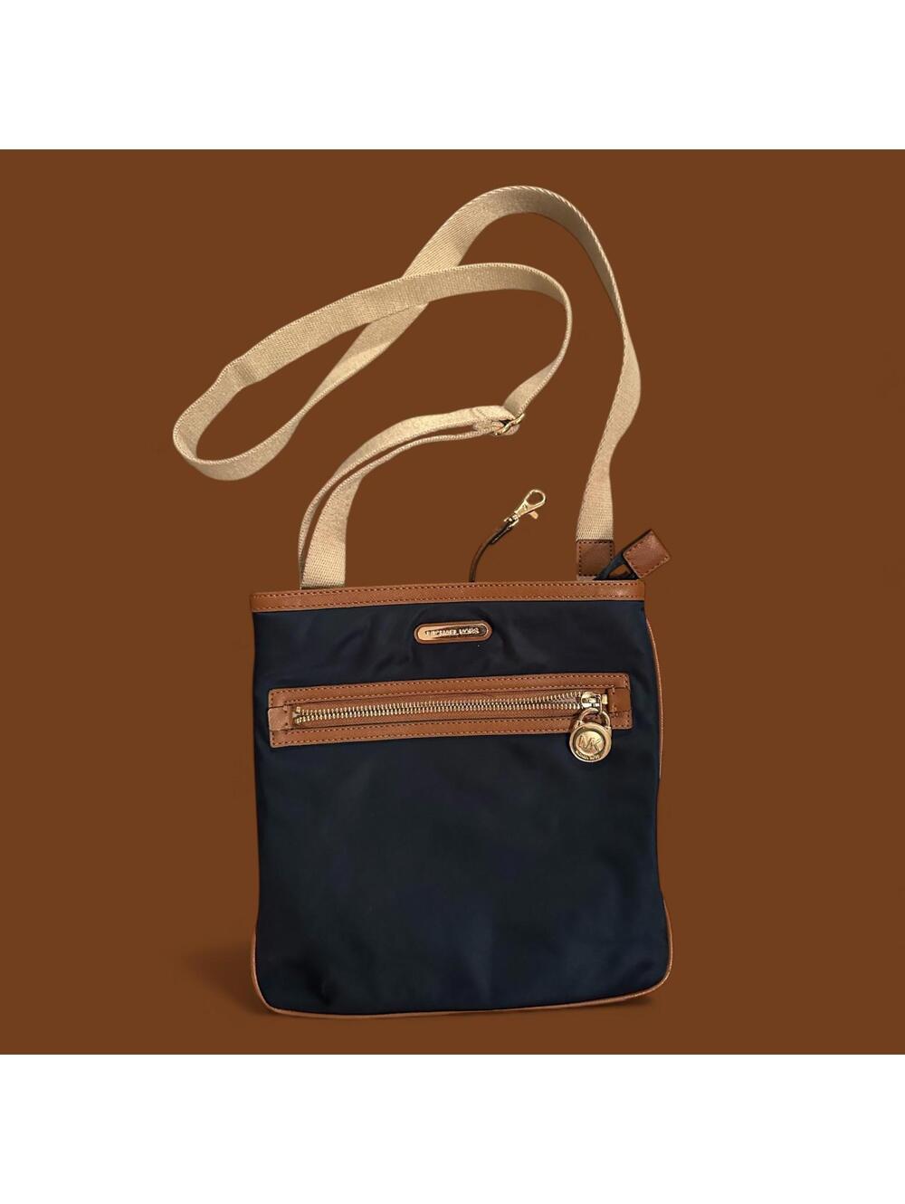 Michael Kors Navy & Brown Nylon Crossbody Shoulder Bag